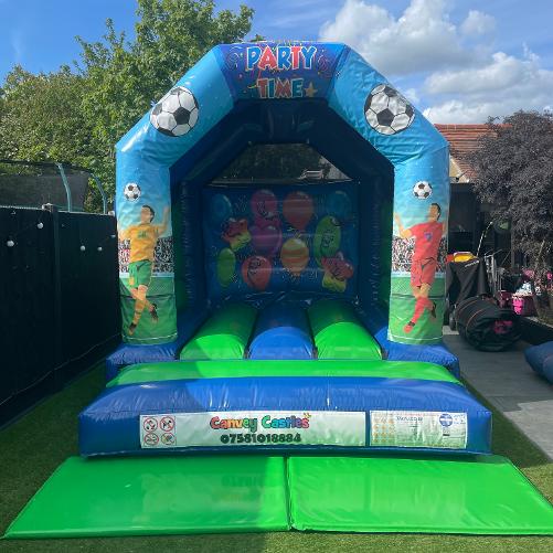 10x 12ft Small Blue and Green Football Bouncy Castle Hire Essex