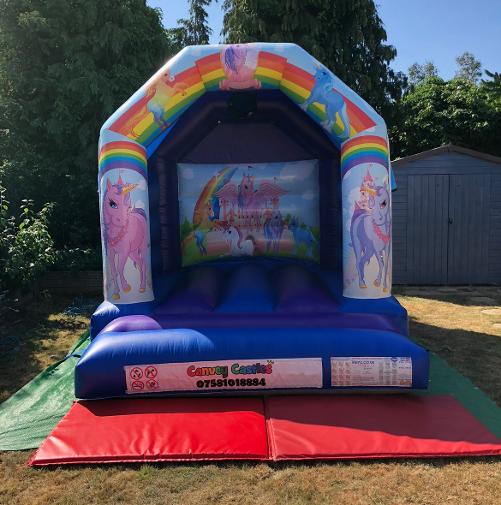 10x 12ft Small Blue and Purple Unicorn Printed Castle Hire Essex