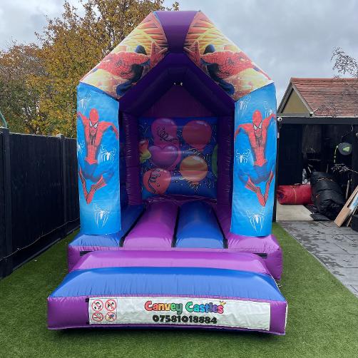 8 x 12ft Extra Small Blue and Purple Spider-Man Themed Inflatable Hire Essex